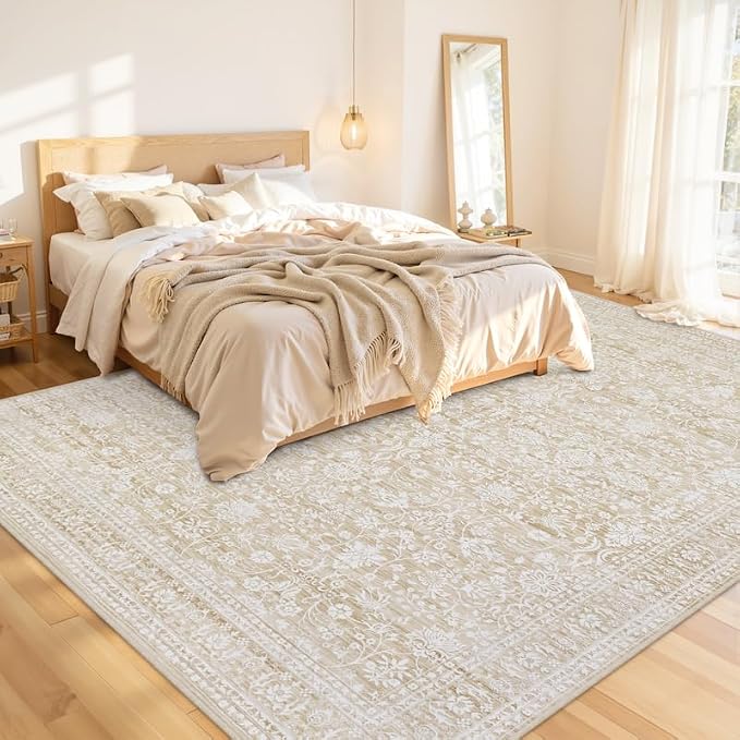 Area Rugs 9x12 Living Room: Vintage Boho Neutral Washable Rug Indoor Soft Large Area Rug Carpet for Bedroom Nursery Farmhouse Dining Room Office Floor Non-Slip Low Pile Under Table Natural Beige