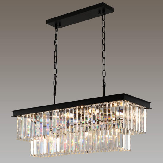 Crystal Chandeliers for Dining Room 11-Light Black Modern Chandelier Rectangle Contemporary Pendant Light Fixture for Kitchen Island Bar L33.5 Inch