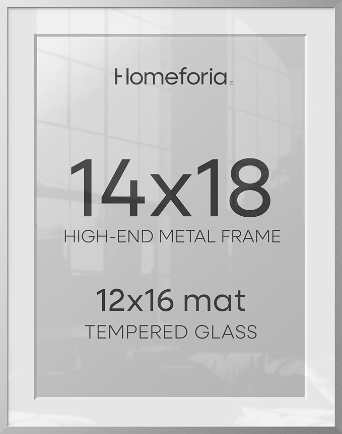 Homeforia 14x18 Picture Frame Silver, High End Metal 14x18 Frames with Mat 12x16 for Photo, 14 x 18 Silver Poster Frame Matted to 12 x 16 Print, 18x14 Hanging Frame, Tempered Glass, Wall Kit, Set of 1
