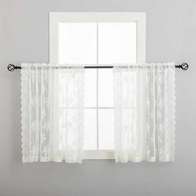 Kotile Short Lace Curtains 36 Inch Length 2 Panels Set, Country Rustic Floral Lace Kitchen Window Curtains Over Blinds, Rod Pocket Privacy Vintage Sheer Lace Café Curtains, Each 52 x 36 Inch, Ivory