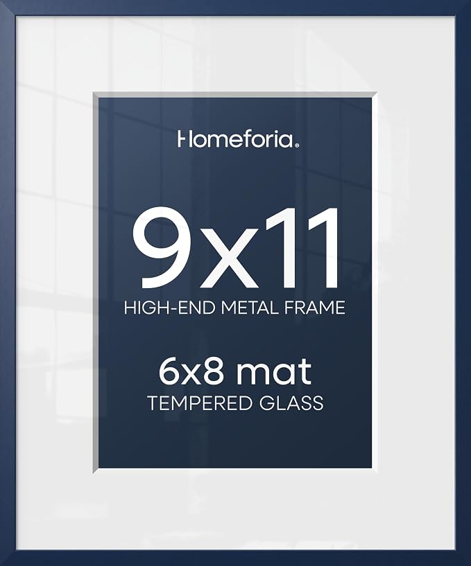 Homeforia 9x11 Navy Blue Frame, High End Metal 9 x 11 Picture Frames with Mat 6 by 8 inch Photo, 9by11 Poster Frame Matted to 6x8 Print, 11x9 Wall or Tabletop Frame, Tempered Glass, Wall Kit, Set of 1