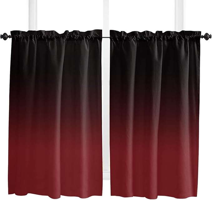 54 Inch Long Tier Curtains for Kitchen, Black Red Gradient Bathroom Window Curtains Rod Pocket Short Curtains Window Treatment Tiers for Living Room Farmhouse 2 Panels