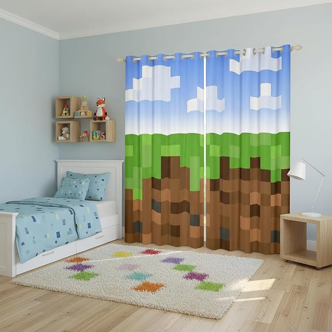 Castle Fairy Pixel Grid Miners Window Curtain | Pixelated Games Window Drapes for Men Bedroom Decor,Geometric Grid Blackout Curtains Brown Green Army Camo Living Room Top 2 Panels,52Wx63L