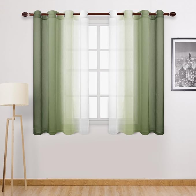 DWCN Ombre Sheer Curtains - Set of 2 Short Window Curtain Panels, Faux Linen Semi Voile Grommet Top Gradient Curtains for Bedroom and Living Room, 52 x 54 Inch Length, Light Olive Green