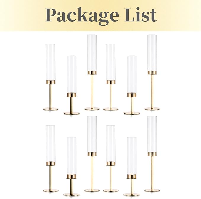 Hewory Gold Candle Holders Hurricane Candlestick Holders, 12Pcs Candle Stick Candle Holder Candelabra, Taper Candle Holders with Glass Candle Cover for Wedding Table Centerpiece Christmas Decor