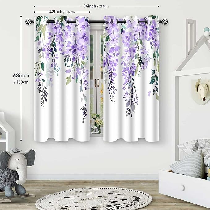 Purple Watercolor Floral Curtains, 42x63 inch, 2 Panels | Botanical Leaves Vine Flowers, Rustic Farmhouse Wisteria, Blackout Window Treatment, For Bedroom Living Room