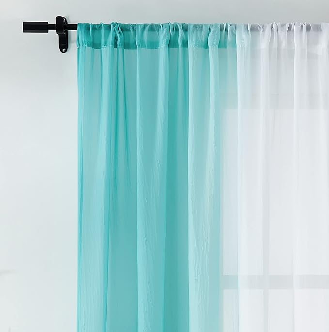 Teal Ombre Sheer Curtains 84 Inch Length for Living Room Bedroom Decor, Gradient Crinkle Semi Sheer Curtain Panels for Girls Room Chiffon Light Filtering Window Drapes for Garden, Rod Pocket, 52"W