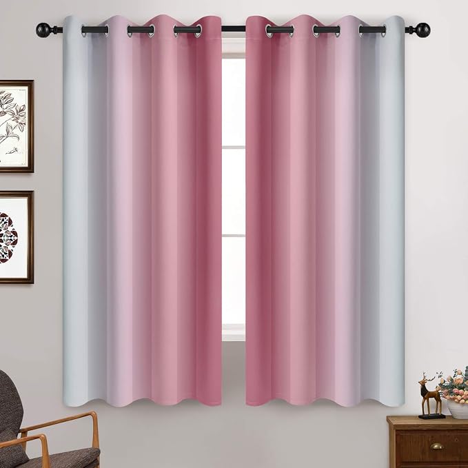 Yakamok Ombre Curtains Pink and Greyish White for Living Room,52Wx63L | Room Darkening Curtains 63,Thermal Insulated Gradient Color Drape,Light Blocking Grommet Window Curtains for Bedroom,2 Panels
