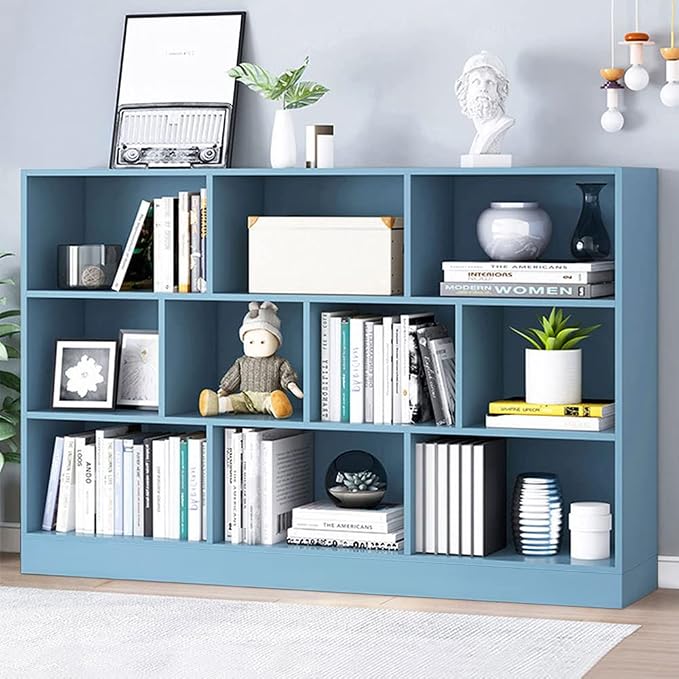 IOTXY Open Shelf Low Bookcase - Wooden 3-Tier Cube Bookshelf, Bright Blue | MDF Material, Stable Raised Base, 10 Storage Cubby Display, Horizontal Short Shelf Unit, Scandinavian Minimalist Organizer