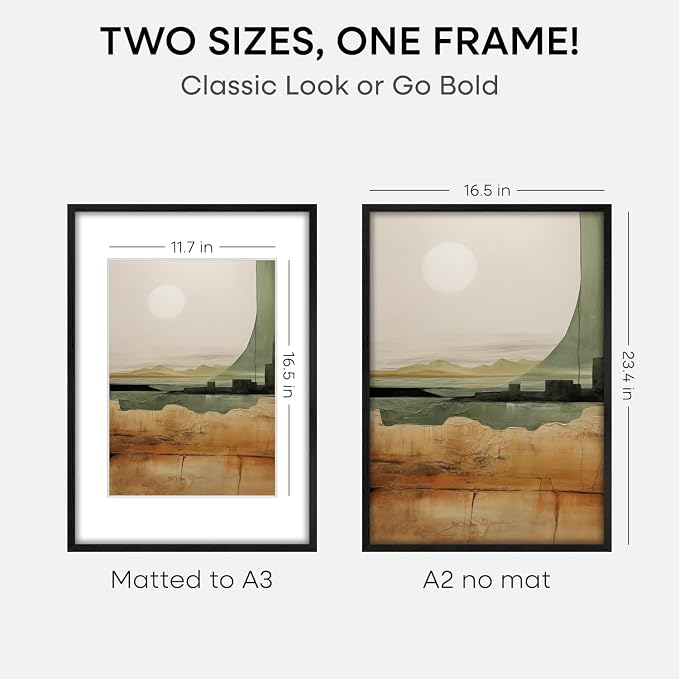 Homeforia A2 Black Wood Frame, High End Oak 16.5 x 23.4 Black Wooden Poster Frames Matted to 11.7 by 16.5 in Photo, A2 Size Wood Picture Frame with Mat A3 for Print, Tempered Glass, Wall Kit, Set of 3