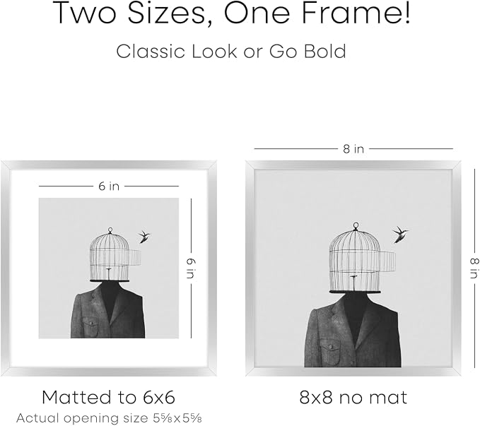 Homeforia 8x8 Silver Picture Frame, High End Metal 8 x 8 Square Frames with Mat 6 by 6 Photo, 8x8 Brass Frame Matted to 6x6 inch Print, 8by8 Wall or Tabletop Frames, Tempered Glass, Wall Kit, Set of 3