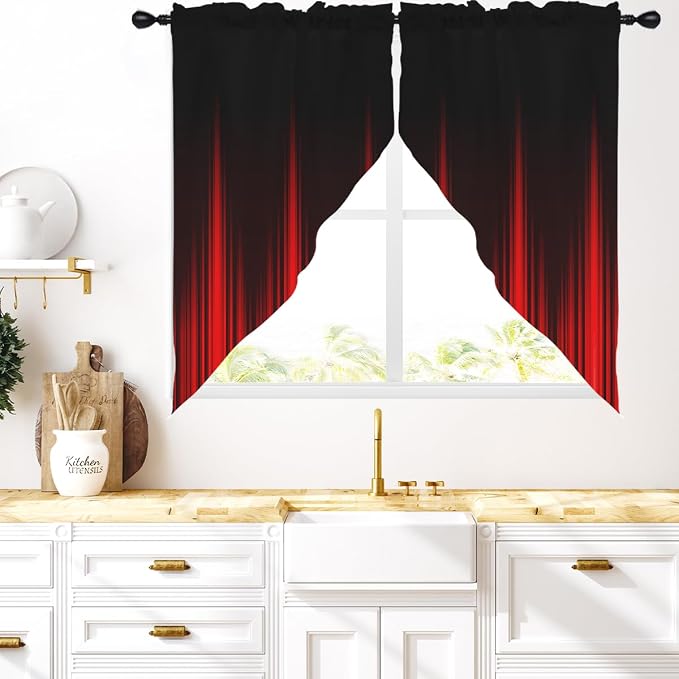 Coxila Red and Black Kitchen Valance Curtains Small Short Ombre Dark Goth Abstract Gradient Design Simple Gothic Modern Men Adult Swag Toppers Window 28 x 36 inch Bathroom Bedroom Living Room Drapes