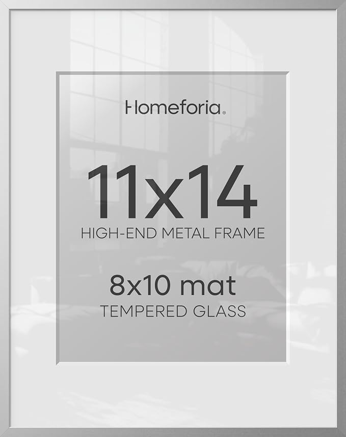 Homeforia 11x14 Picture Frame Silver, High End Metal 11x14 Frames with Mat 8x10, 11 x 14 Silver Poster Frame Matted to 8 x 10 inch Photo, 11by14 Thin Hanging Frames, Tempered Glass, Wall Kit, Set of 1