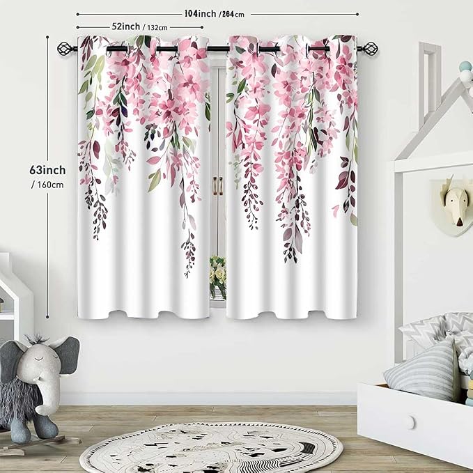 Pink Watercolor Floral Curtains, 52x63 inch, 2 Panels | Botanical Leaves Vine Flowers, Rustic Farmhouse Style, Blackout Window Treatment, For Bedroom Living Room