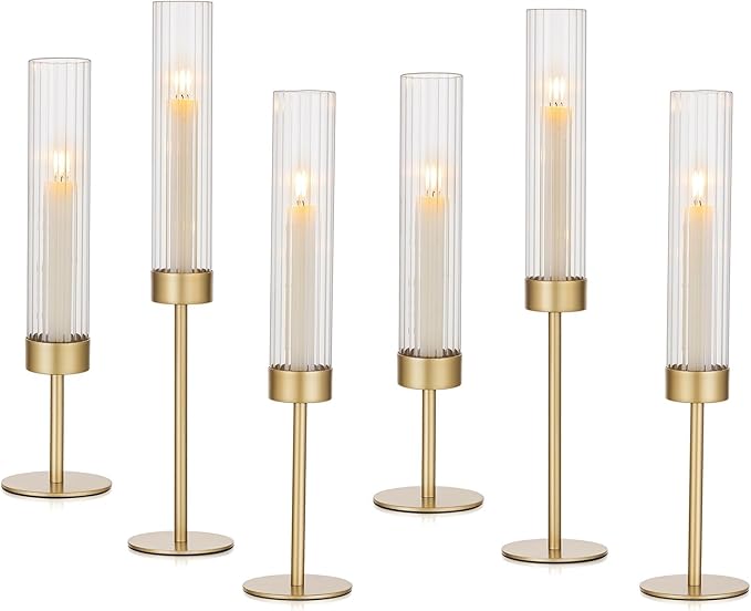 Hewory Gold Hurricane Candle Holder: 6PCS Candlestick Holders for Decor | Ribbed Glass, Brass Taper Candle Holders at 3 different heights, for Table Centerpiece Wedding Party Christmas Decorations