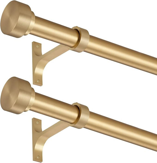 2 Pack Heavy Duty 1 Inch Diameter Single Curtain Rods 72-144” Adjustable Window Curtain Rod with with Cylindrical Cap Finials, Wall Mount and Ceiling Mount, Warm Gold