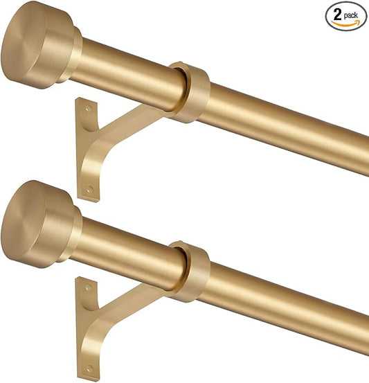 2 Pack Heavy Duty 1 Inch Diameter Single Curtain Rods 36-72” Adjustable Window Curtain Rod with with Cylindrical Cap Finials, Wall Mount and Ceiling Mount, Warm Gold