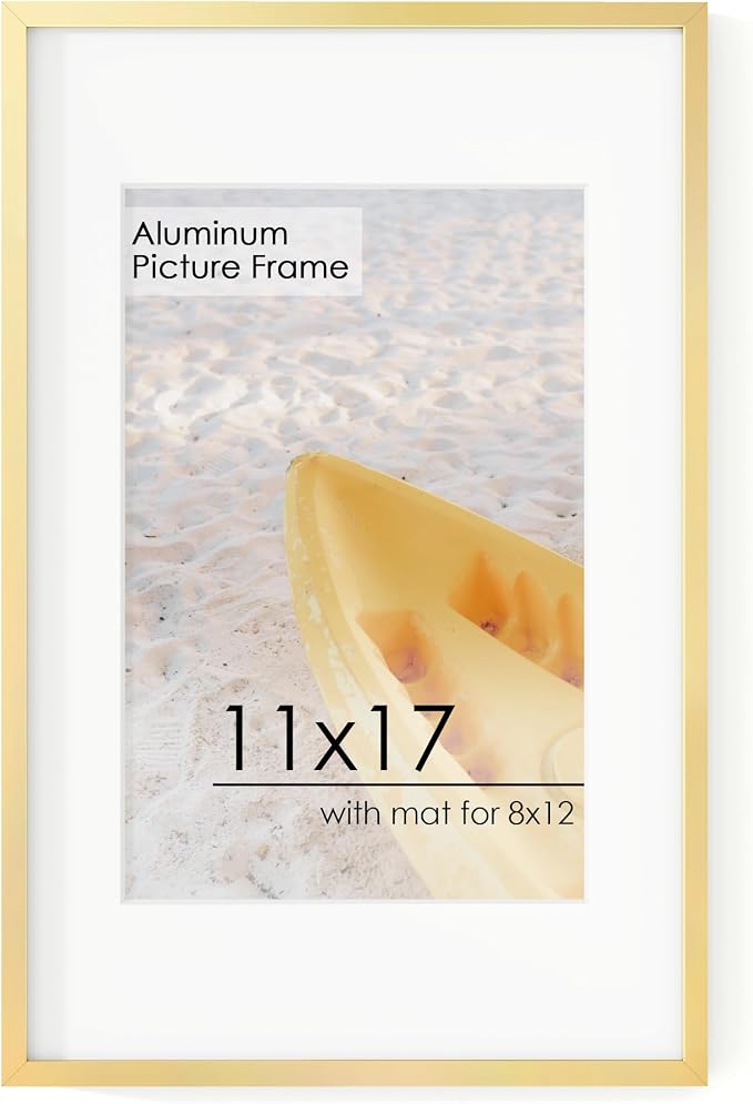 FLYJOE 11x17 Metal Picture Frame for Wall With Mat for 8x12, 11''x17'' Aluminum Photo Frames With Tempered Glass for Home Decor, Minimalist Modern Poster Frame Horizontal And Vertical Formats, Gold
