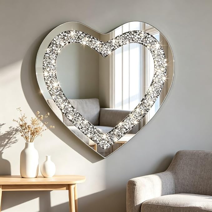 DMDFIRST Crystal Crush Diamond Heart Shaped Silver Mirror for Wall Decoration 24x24x1 inch Wall Hang Frameless Mirror Acrylic Diamond Décor.
