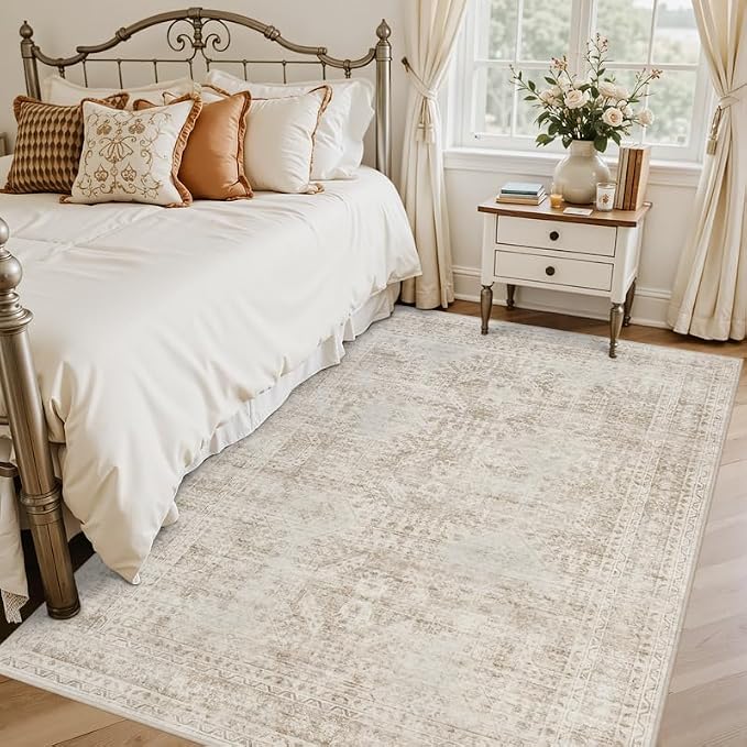 6x9 Area Rugs for Living Room: Vintage Boho Neutral Washable Rug Indoor Soft Large Area Rug Carpet for Bedroom Nursery Farmhouse Dining Room Office Floor Non-Slip Low Pile Under Table Rug Brown