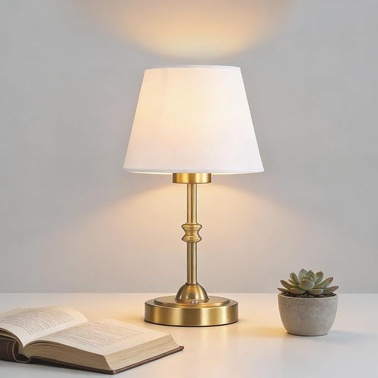 Portables Cordless Table Lamp, LED Fabric Shade Desk Lamp,Rechargeable Battery Operated，Lighting for Bedroom, Bedside,Bar,Living Room, Dining Room, Night Light (Brass)
