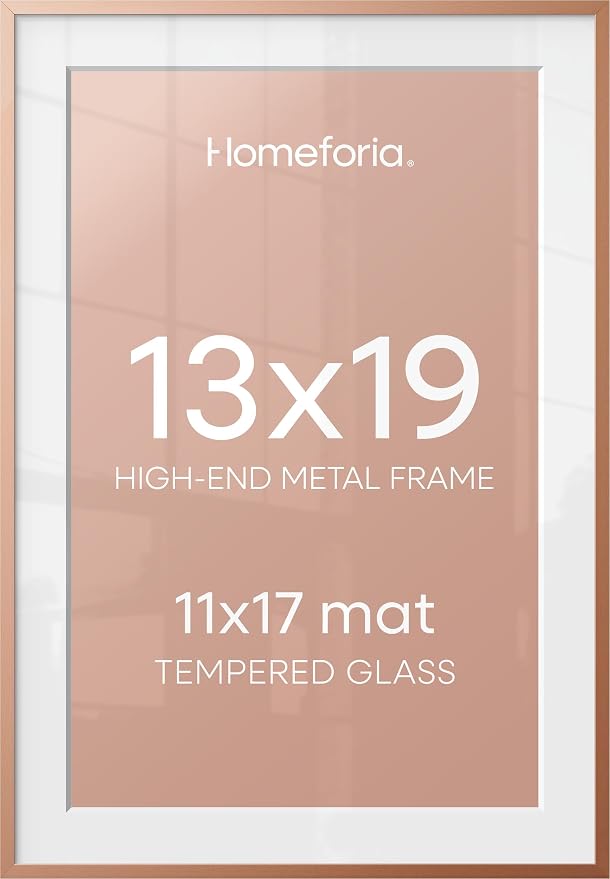 Homeforia 13x19 Picture Frame Rose Gold, High End Metal 13x19 Poster Frames with Mat 11x17 inch Photo, 13 x 19 Rose Gold Frame Matted to 11 by 17 Print, 19x13 Frame, Tempered Glass, Wall Kit, Set of 1