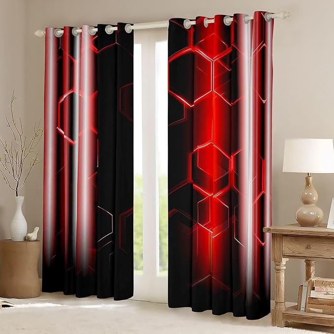 jejeloiu Honeycomb Curtains (2 Panels, 38 x 54 Inch) Modern Hexagon Theme Red Curtains Room Strip Lines Darkening Dreapes Modern Gradient Black Red Window Treatments Blackout