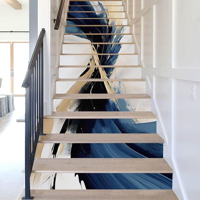 REDAMANCY Abstract White Sea Blue Gold Mosaic Oil Painting Peel and Stick Vinyl Stair Riser Decals Staircase Tile Stickers Decor Modern Marble Decoration Self-Adhesive(14 Pcs)