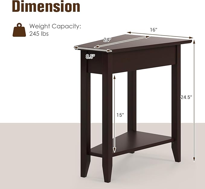 Giantex Wedge End Table Set of 2, Triangle Side Table with Storage Shelf and Solid Wood Legs, Recliner Table, 24.5" Tall Nightstand, Modern Narrow Accent Table for Small Space Living Room, Espresso
