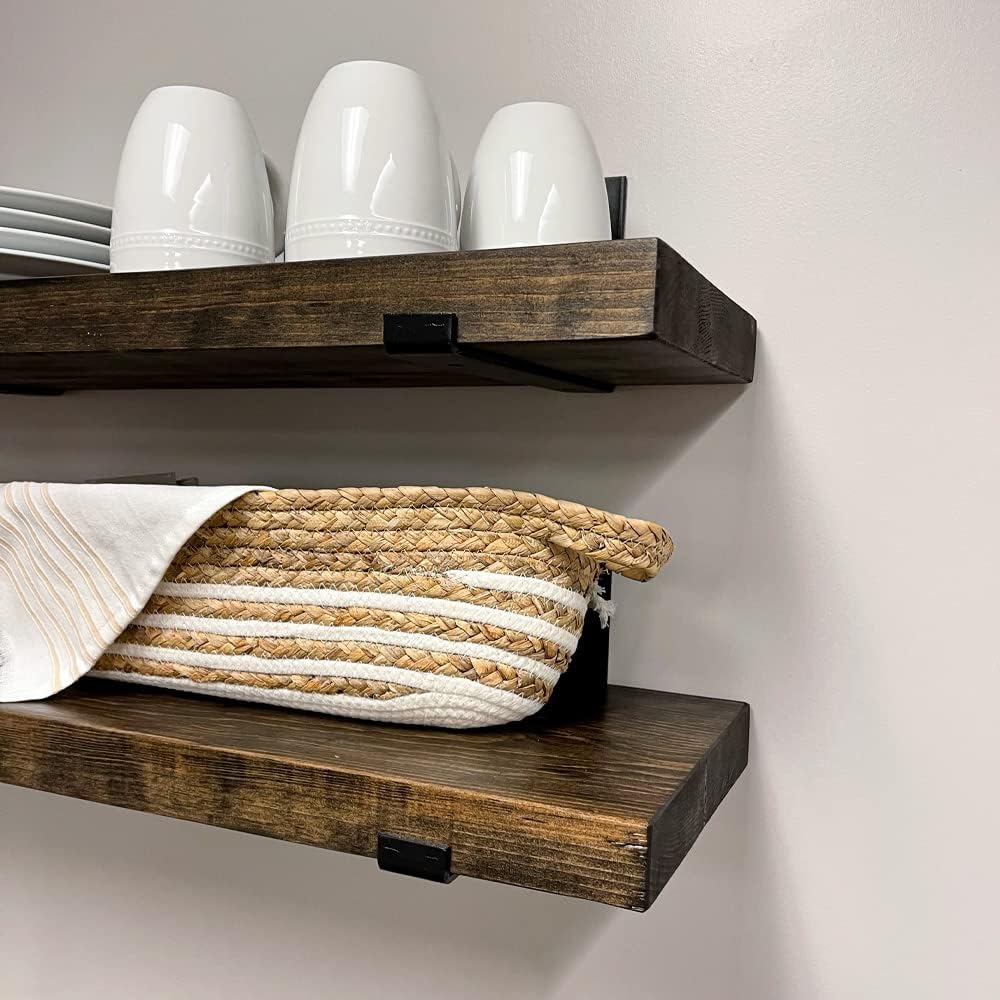 Rustic Shelves with J-Brackets Set of 2, Industrial Shelf, Kitchen Shelves, Solid Wood, Decorative Wall Storage, Heavy Duty, URBANDI (Dark Brown, 36Wx12D)
