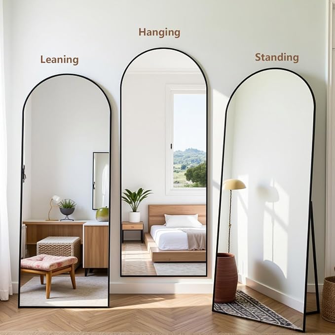 Prywot Arched Floor Mirror, 57 "x 20" Full Length Mirror Wall Mirrors Hanging or Leaning Arched-Top Full Body Mirrors with Stand for Bedroom, Dressing Room, Black