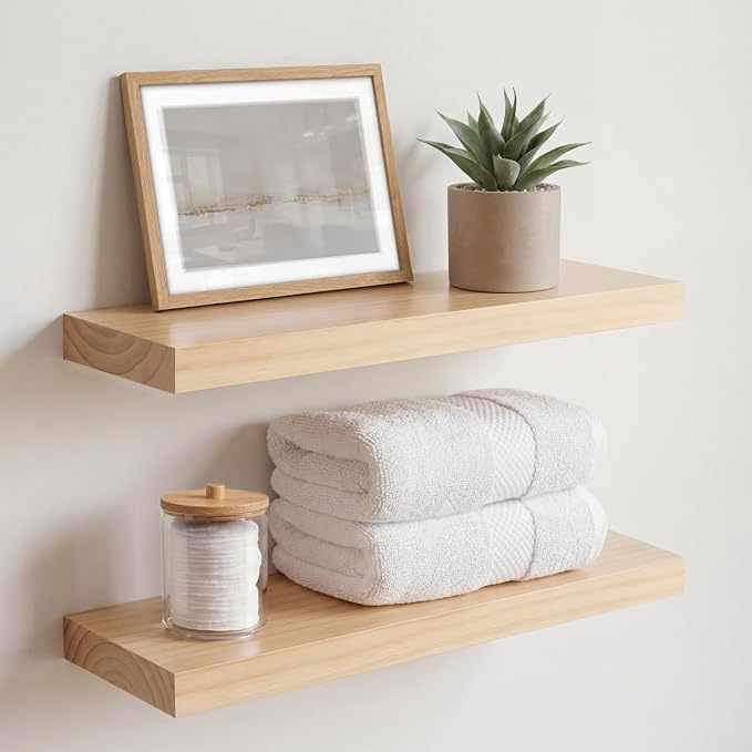 Homeforia 18 inch Natural Floating Shelf, High End Solid Real Wood 18inch Small Floating Shelves for Wall Mounted, Natural Wooden Floating Shelves, Heavy Duty Bracket, 18 X 6.5 X 1.75 in, Set of 2