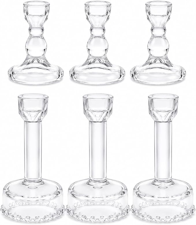 Lanttu 6 Pcs Clear Glass Candlestick Holders Taper Candle Holder Bulk | Crystal Candle Holders for Wedding, Table Centerpiece, Home Decoration