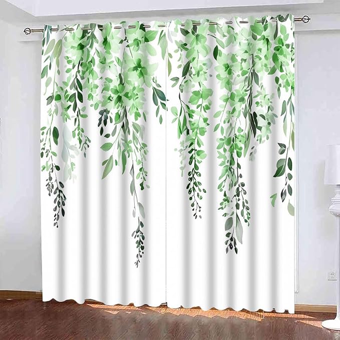 Green Watercolor Floral Curtains 84 inches Long, Botanical Leaves Vine Flowers Rustic Farmhouse Curtains, Blackout Window Treatment Drapes for Bedroom Living Room 52x84inch, 2 Panels