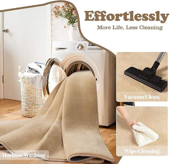 qulint 5x8 Washable Area Rug for Bedroom, Farmhouse Tan Nursery Rug with Thickened Memory-Foam Soft Washable Living Room Carpet, Minimalist Solid Non Slip Carpet for Kid Room Dorm Home Decor