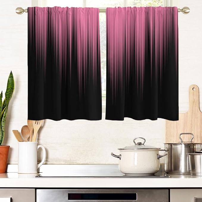 AAtter Pink and Black Kitchen Curtains, Ombre 27.5" W x 39" L, 2 Panels | Gothic Modern Abstract Striped, Cute Preppy Girls Style, Rod Pocket Bathroom Window Drapes, Small Short Tiers for Women