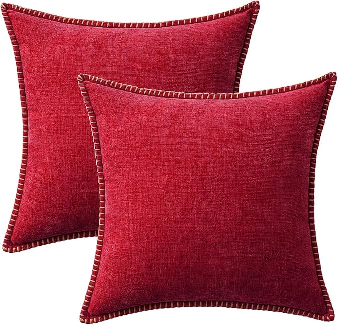 MIULEE Pack of 2 Pillow Covers 18x18 Inch Red Farmhouse Decorative Throw Pillow Covers with Stitched Edge Soft Chenille Solid Dyed Couch Pillow Covers for Sofa Bed Living Room