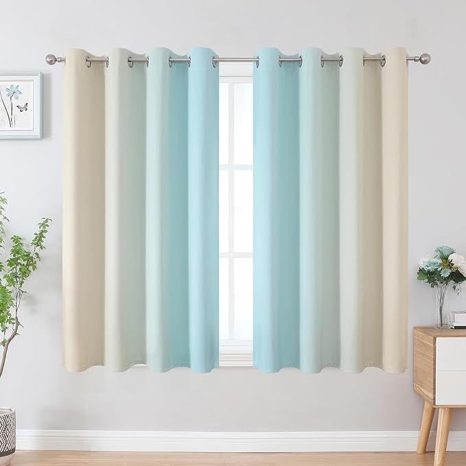 Estelar Textiler Aqua and Beige Ombre Blackout Curtains 45 Inch Length, Light Blocking Gradient Drapes for Bedroom, Thermal Insulated Grommet Curtains for Bathroom,52Wx45L,2 Panels