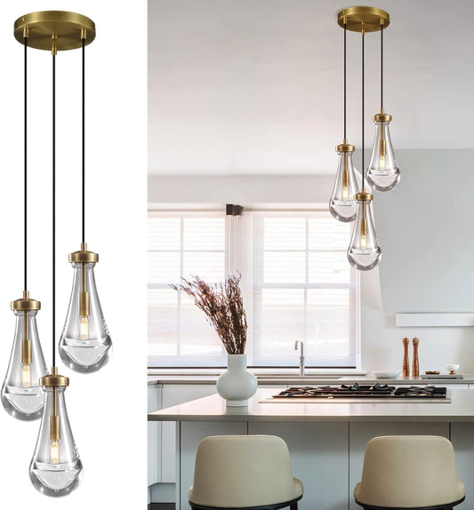 Brass 3 Light Pendant Lighting for Kitchen Island, Raindrop Cluster Pendant Light Fixture, Adjustable Hanging Rope Glass Chandelier Dining Room Light Fixture Ceiling Lamp for Foyer Hallway