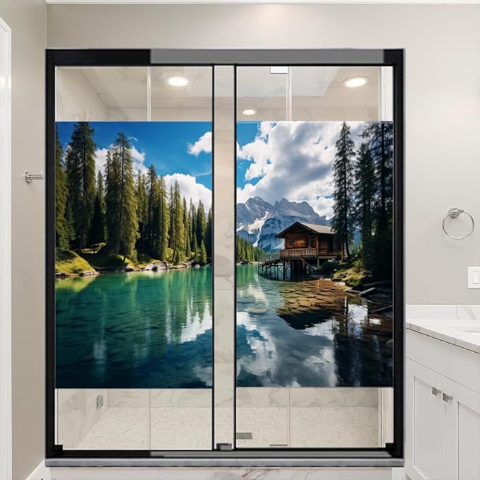 Modern Lake Privacy Window Film Simple Cabin Nature Tree Mountain View Glass Sticker Window Film Home Windows Glass Decorative Door Covering Sun Blocking 27.6Wx39.4L inch x 2pcs