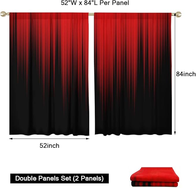 AAtter Red and Black Ombre Curtains 84 Inches Long, Gothic Dark Anime Window Drapes for Gamer Boys Bedroom, Rod Pocket Abstract Art Tall Gradient 52" W x 84" L Fabric, 2 Panels Set