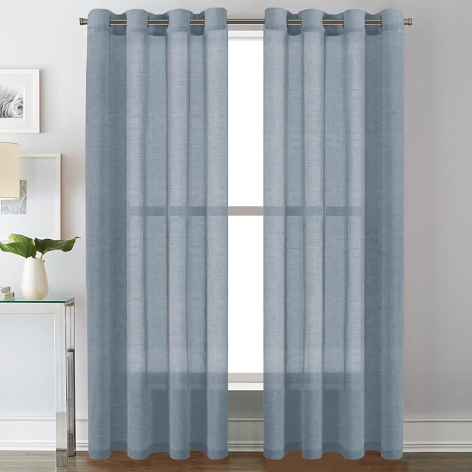 H.VERSAILTEX Linen Curtains Flax Linen Blended Curtain Panels for Living Room/Bedroom Semi Sheer Privacy Curtains 102 inch Length 2 Panels Set Nickel Grommet Window Drapes, Denim