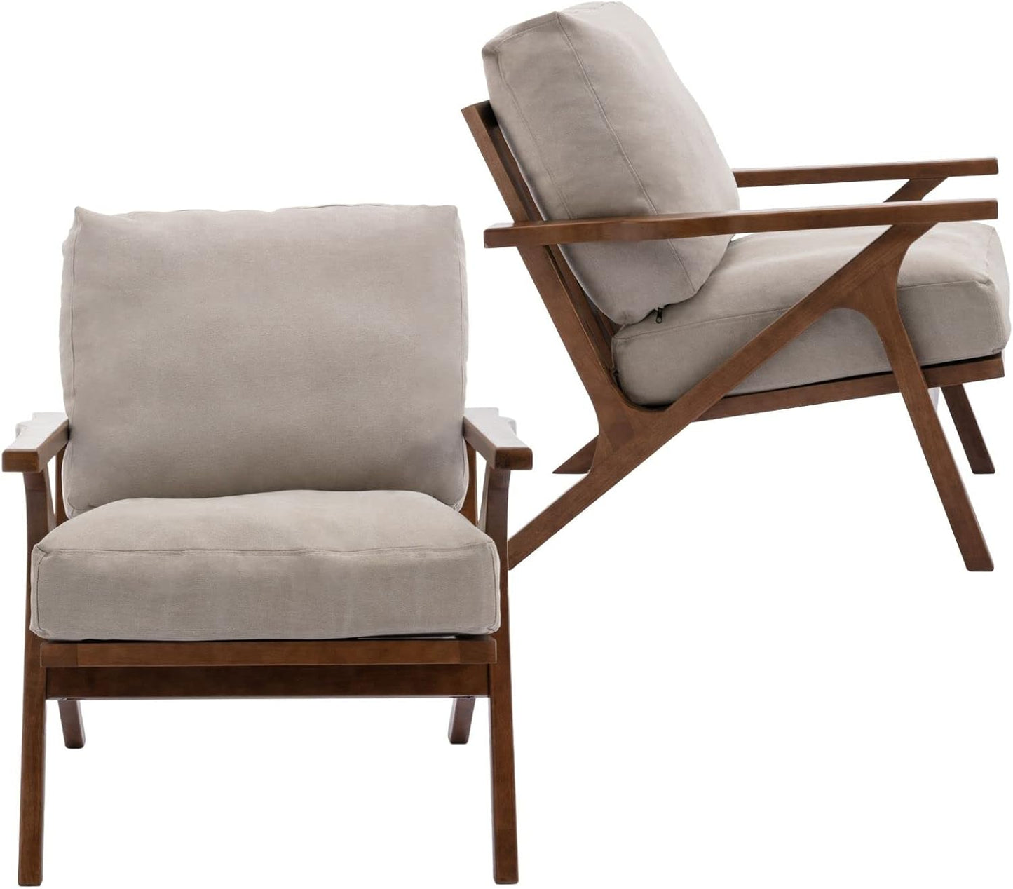 HNY Set of 2 Mid Century Accent Chair, Faux Leather Upholstered Armchair with Wood Frame and Canvas Cushions, Leisure Reading Chair Slipper Chair for Living Room, Bedroom, Beige