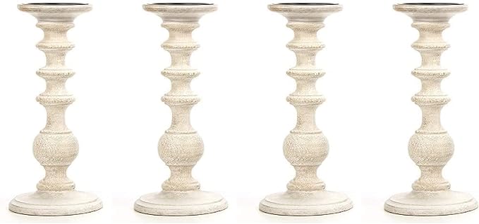 Hosley Set of 4 11 Inch High White Wooden Pillar Candle Holder Country Style Ideal for Weddings or Parties as Well as Home Decor