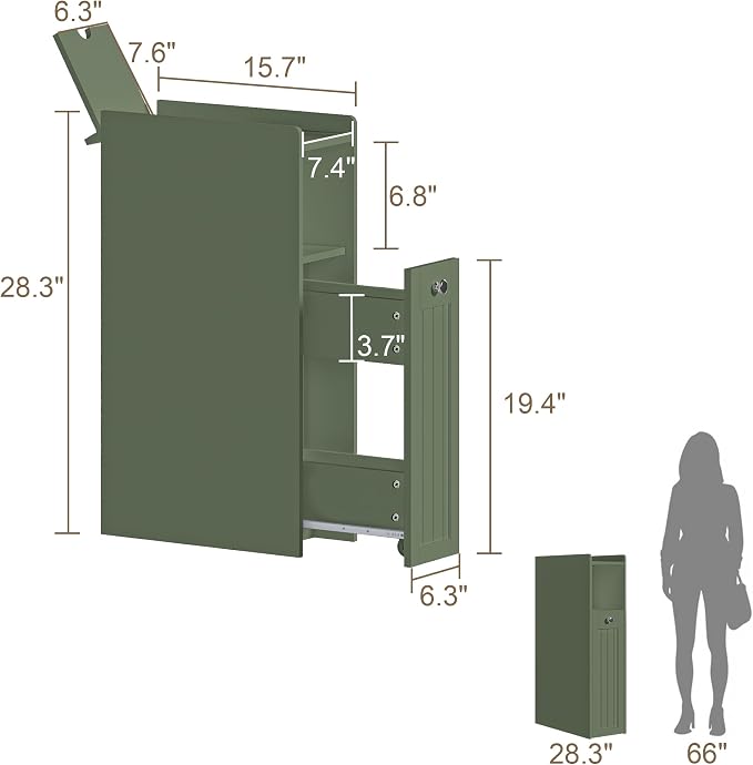 ChooChoo Slim Bathroom Storage Cabinet, Small Narrow Storage Organizer with Slide Out Drawers, Freestanding Toilet Paper Holder, Bathroom Cabinet for Small Places, Green