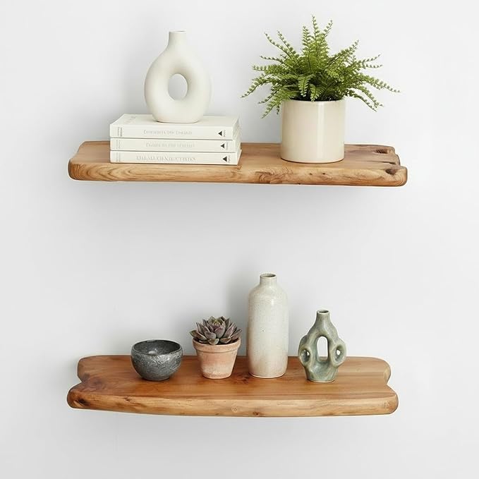 WELLAND 16" Live Edge Cedar Floating Shelves, Set of 2 | Each shelf measures approximately 15.75" W × 7.87" D × 1.25" H, ideal for displaying plants, book and decorative accents