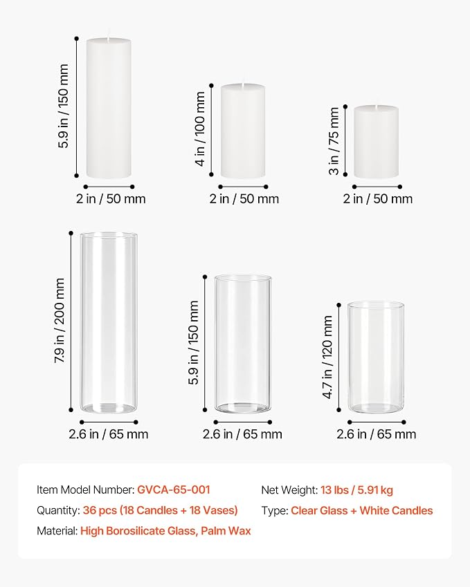 VEVOR Pillar Candles and Glass Vases Set 36 Pcs, Clear Cylinder Hurricane Candle Holders for Wedding Centerpieces, Tall Vase for Table Decor, Wedding Party, Thanksgiving,White (2.56" x 4.7",5.9",7.9")
