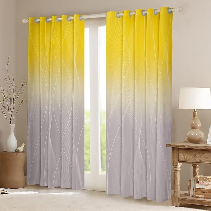 jejeloiu Yellow Darkening Drapes Kids Ombre Grey Strip Lines Curtains for Bedroom Living Room Gradient Style Blackout Curtains for Women Men Lightweight Abstract Window Treatments s