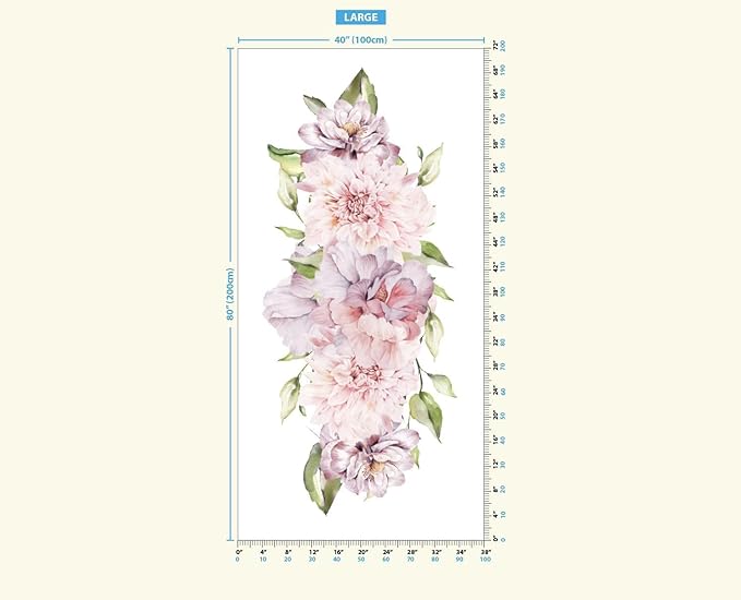 Big Peonies Floral Wall Decal - Watercolor Floral Sticker for Bedroom Decor - Removable Botanical Huge Wall Stickers (Big Leaf Decals)