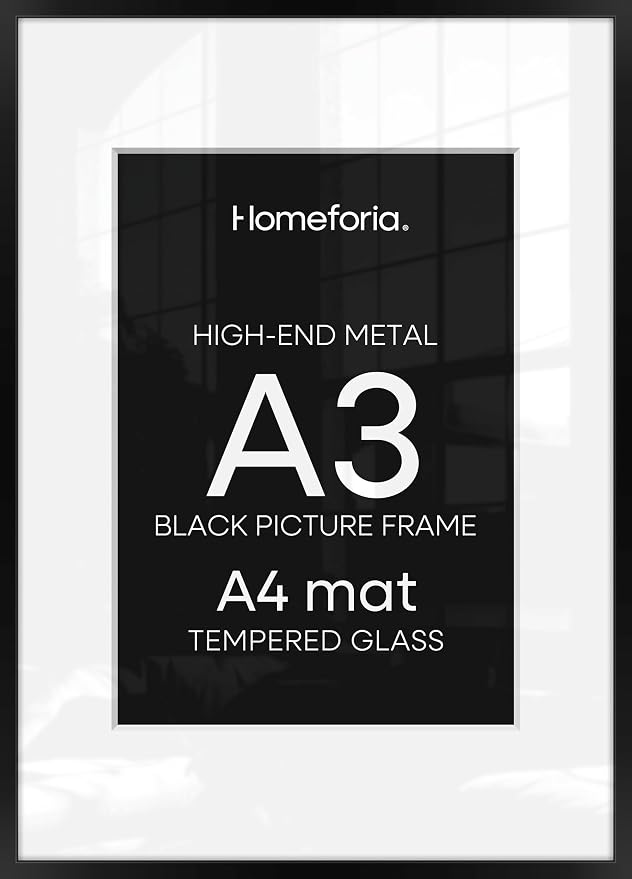 Homeforia A3 Picture Frame Black, High End Metal 11.7 x 16.5 inch Poster Frames with Mat 8.3 x 11.7 for Photo, A3 Size Frames Matted to A4 Print, 11.7x16.5 Wall Hanging Frame, Tempered Glass, Set of 3